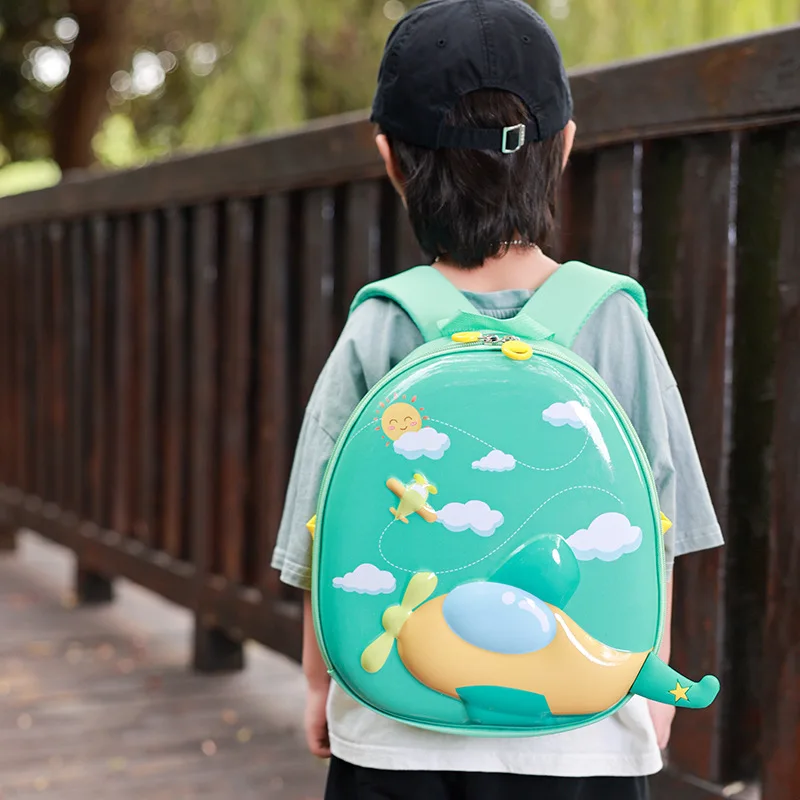 Tas Ransel Desain Pesawat Kartun Lucu & Kulit Telur untuk Anak Laki-laki Balita dengan Tali Nyaman untuk Kembali ke Sekolah.