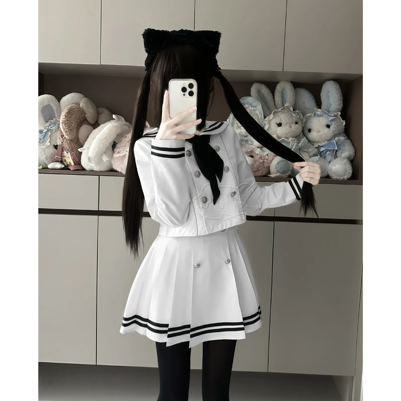 Gray Sailor Suit Japanese Style Set Fashion White Long Sleeve Top + Elastic Waist Short Skirt + Hand-knitted Scarf