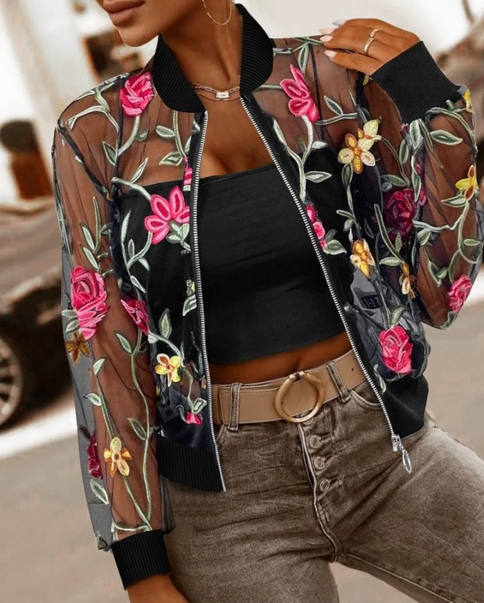 Women's Cardigan Autumn Winter Latest 2025 Floral Embroidery Baseball Collar Long Sleeve Coat Sheer Mesh Patch Zip Up Jacket