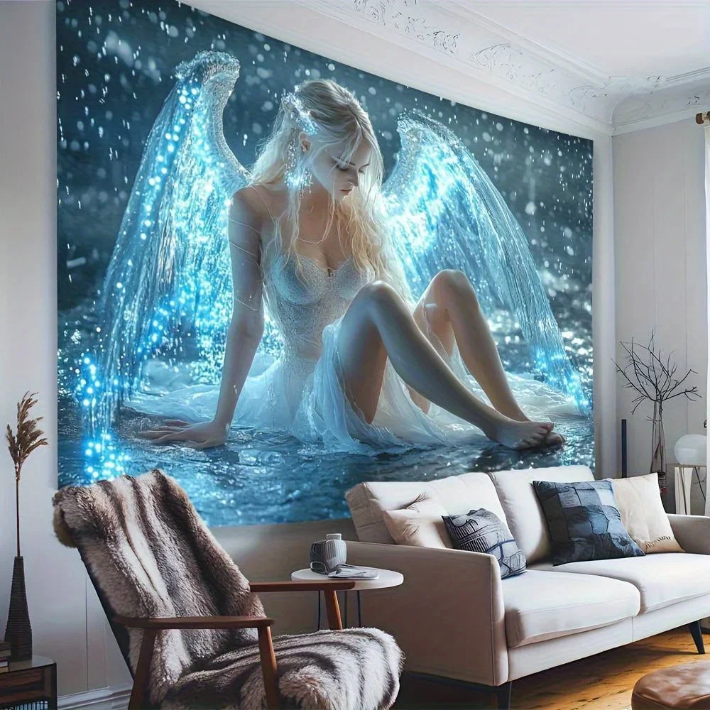 VIKAMA 2D Flat Printing Tapestry Featuring Magical Water Angel With Luminous Wings Ideal For Room Wall Art Decor  Tapestry