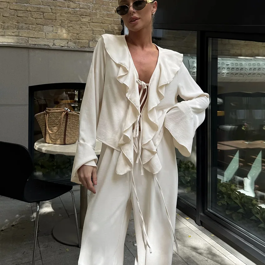 Bangniweigou V-neck draped ruffles flare sleeve shirt w/ high-waisted wide leg pants two-piece set apricot casual top and pants