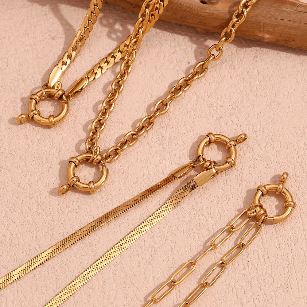 E.B.belle Blade Chain Paper Clip Chain O-shaped Chain spring Buckle Pendant Necklace 18K Gold Plated 316L Stainless Steel