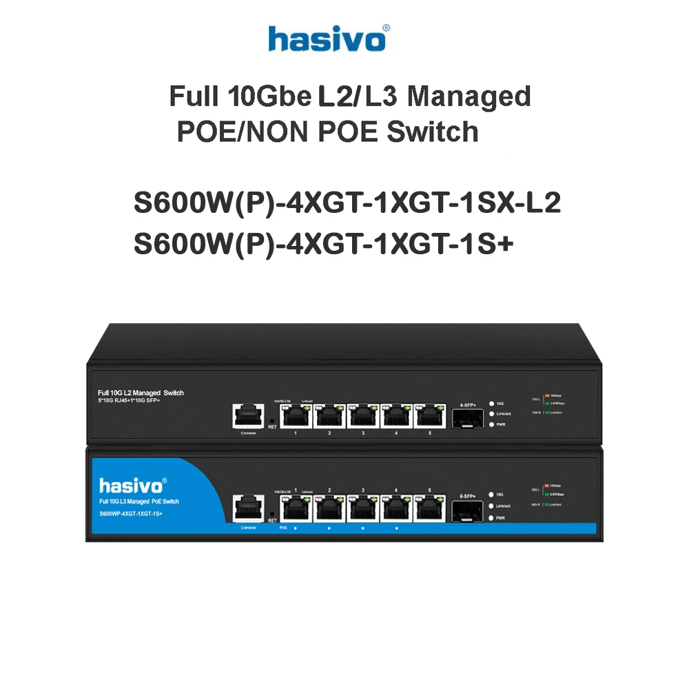 Hasivo full 10G managed switch,6 ports L2/L3 managed,4*10G Lan(PoE)+1*10G RJ45 uplink+1*10G sfp+