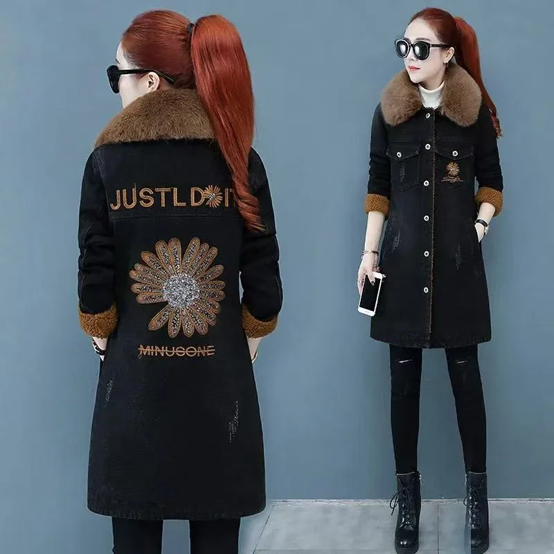 Fur-necked Denim Coat Female Plus Velvet Thickening Long Denim Clothes Autumn And Winter In 2024 Cotton-padded Warm Trench Coat