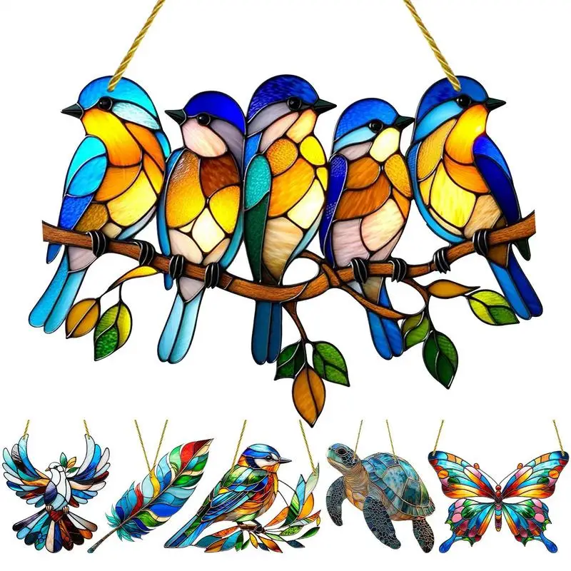 Bird Sun catcher Stained Bird Sun Catcher Colorful Sparrow Window Hanging Sun catcher , Garden Colorful Bird Hanging Pendant