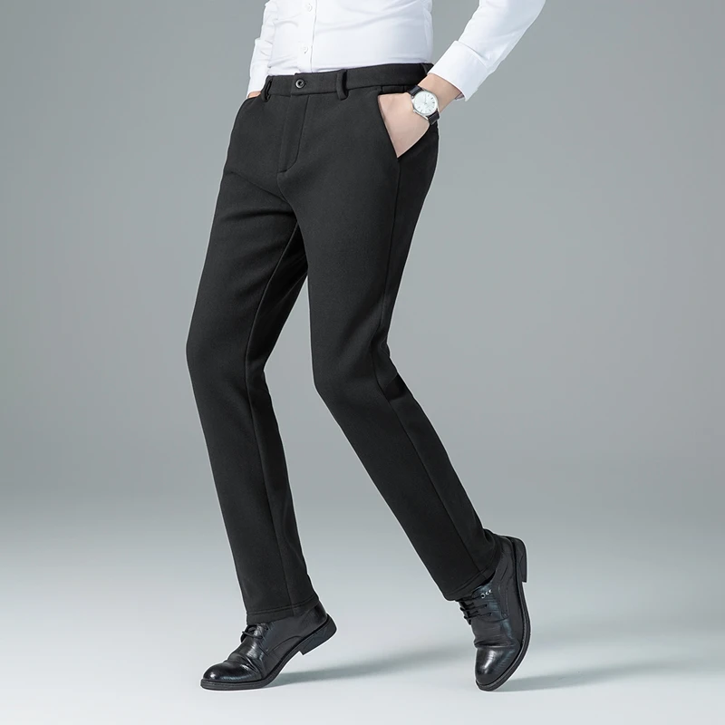 Winter Men Slim Straight-Leg Trousers Black Gray Thermal Antibacterial Static-resistant Spandex Fabric Pant Cosy Warm Collection