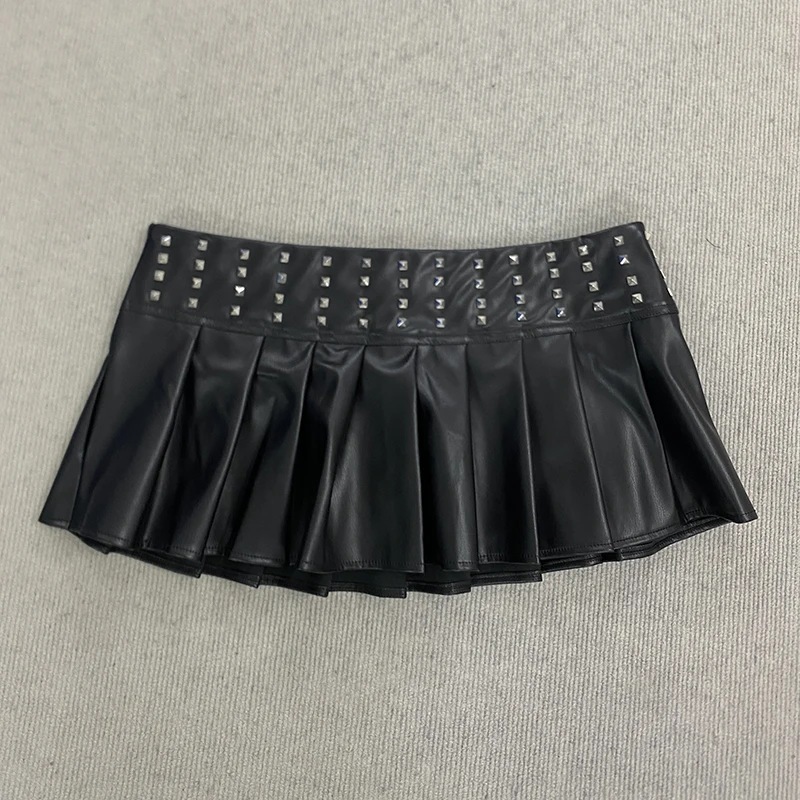 Summer Fashion Trend Imitation Leather Low Waist Rivet Pleated Skirt Slim Fit Y2K Ultra Short Skirt for Women