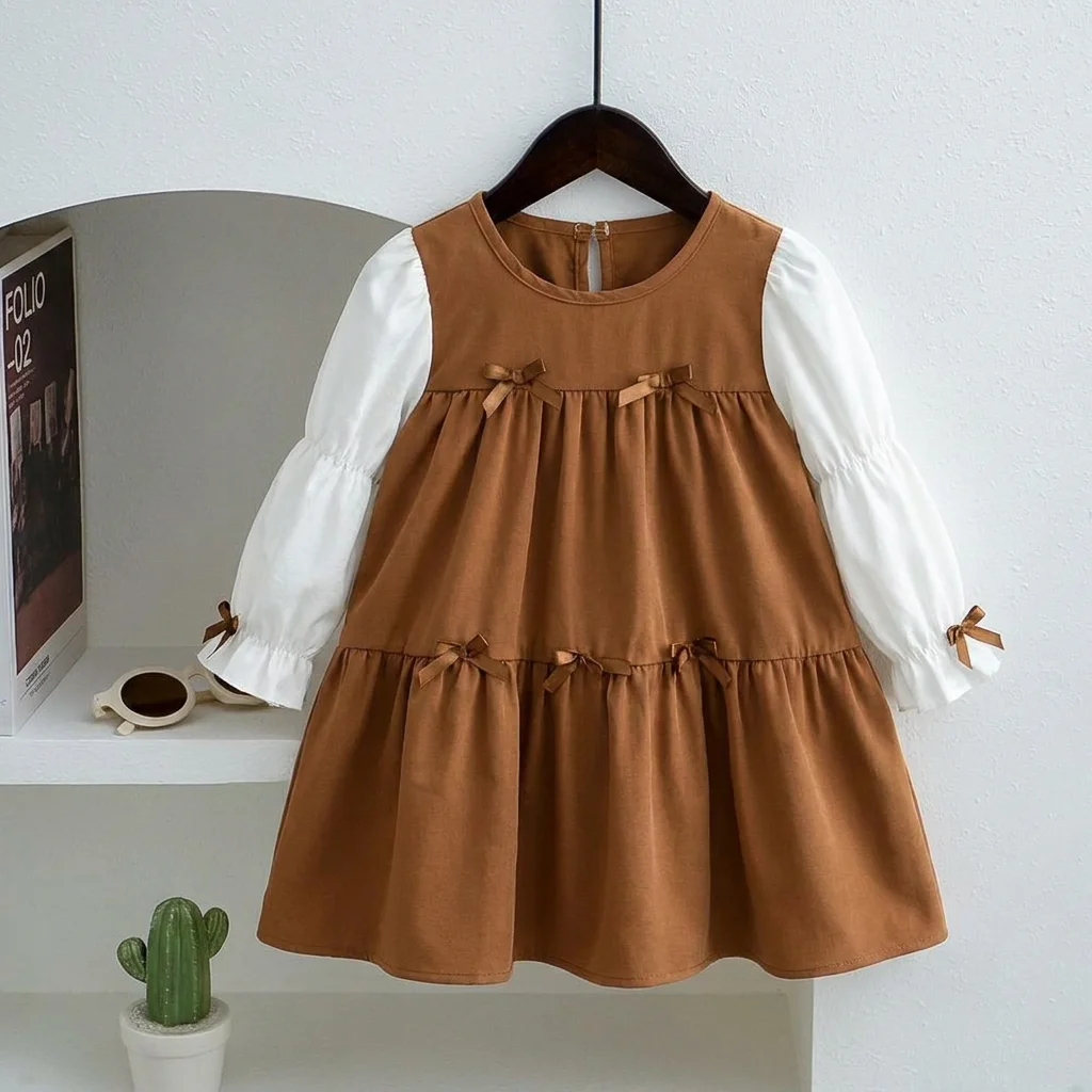Autumn Long Sleeved Color Blocked Dress with Bow Casual Countryside Style Children's Clothing for 3-7 Years Old Korean Version