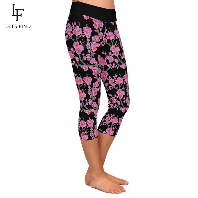 LETSFIND Legging Kapri Motif Bunga Sakura Sutra Susu 220gsm Baru Musim Panas Legging Lembut Pinggang Tinggi