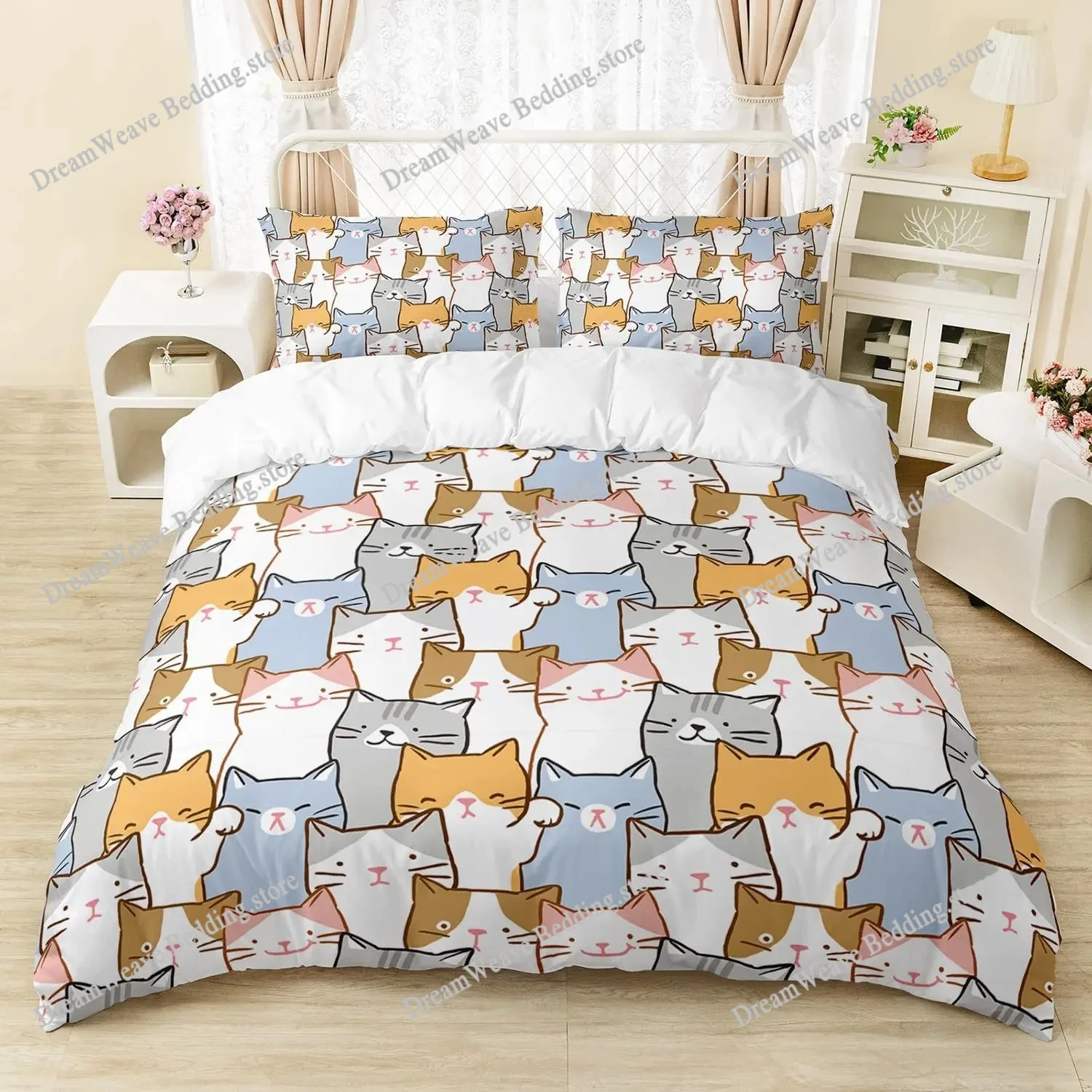 Cartoon Cat Duvet Cover Set Full Size, Cute Cat Bedding Sets for Kids Girls, Blue Watercolor Cat Comforter Covers Set All Season