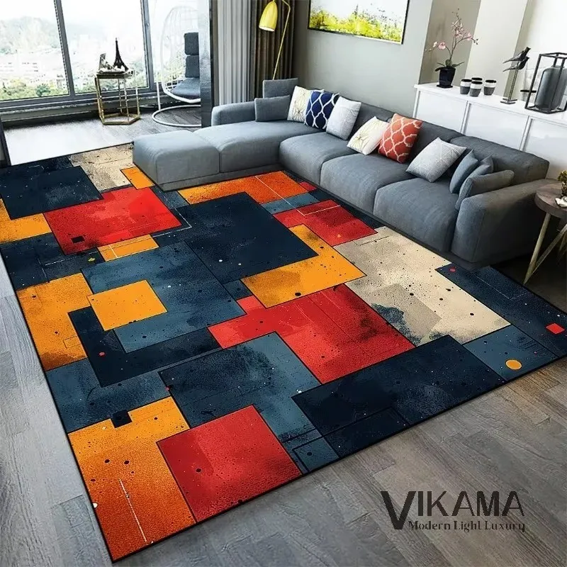 VIKAMA Colour-block Geometric Art Rug – Living Room Sofa Rug: Comfortable, Soft and Warm, Machine Washable, Home Decor