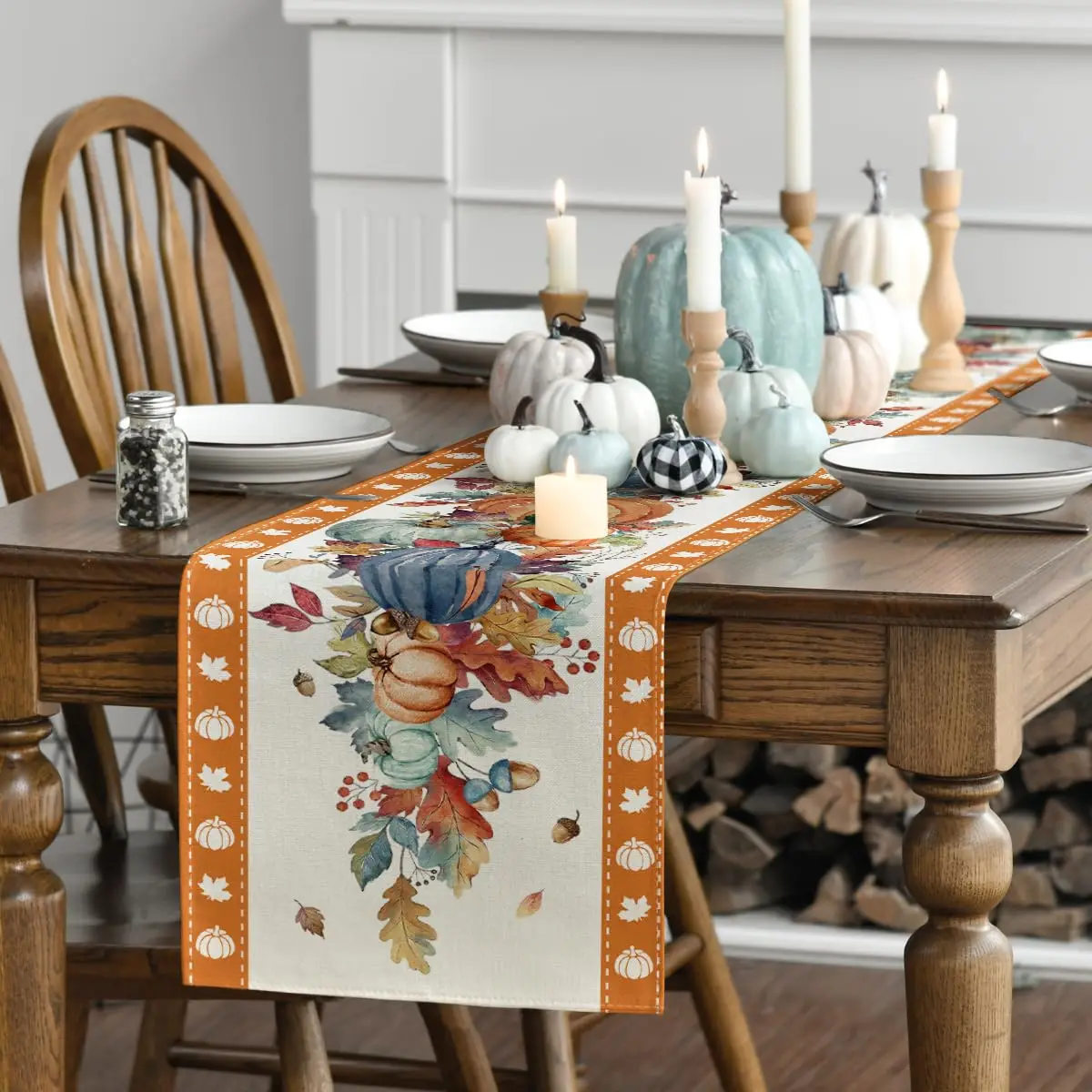 Fall Table Runner Home Party Decor Watercolor Pumpkin Leaves, Seasonal Kitchen Dining Table Decoration 3