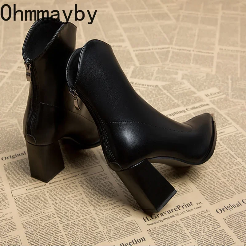 Pointed Toe Women\'s Ankle Boots Fashion Back Zippers Short Botas Ladies Elegant Square High Heel Winter Women\'s Footwear