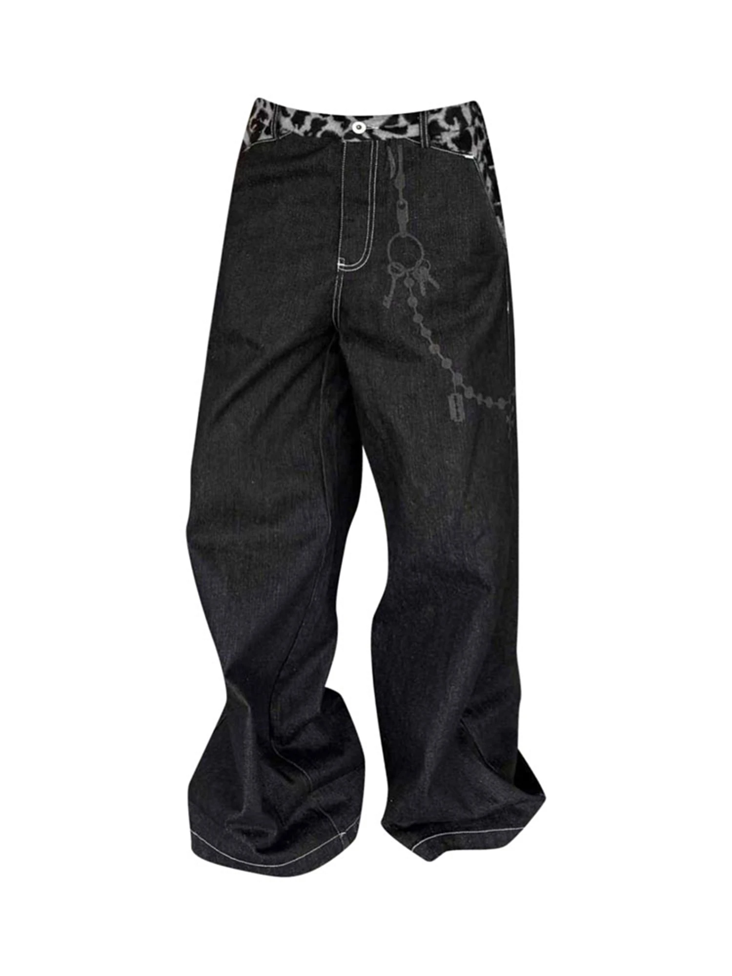 Women's Y2K Streetwear Oversized Baggy Jeans Black Denim with Leopard Print Patchwork Wide Leg Trousers Casual Fashion Pants