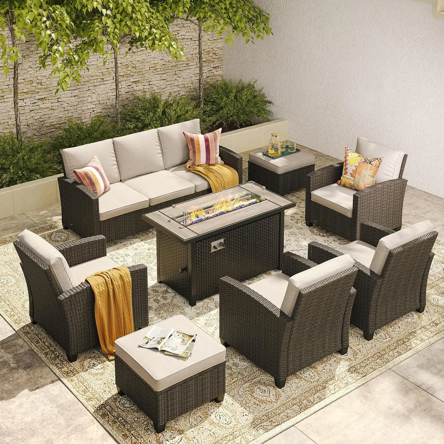 

Patio Conversation Sets with Metal Fire Pit Table, 3-Seat Sofa Couch, Chairs & Ottomans, Cushioned for Porch Garden