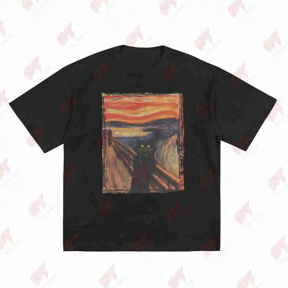The Scream Munch Cat Famous Painting Short Sleeve Tee 100% Cotton T-Shirt
