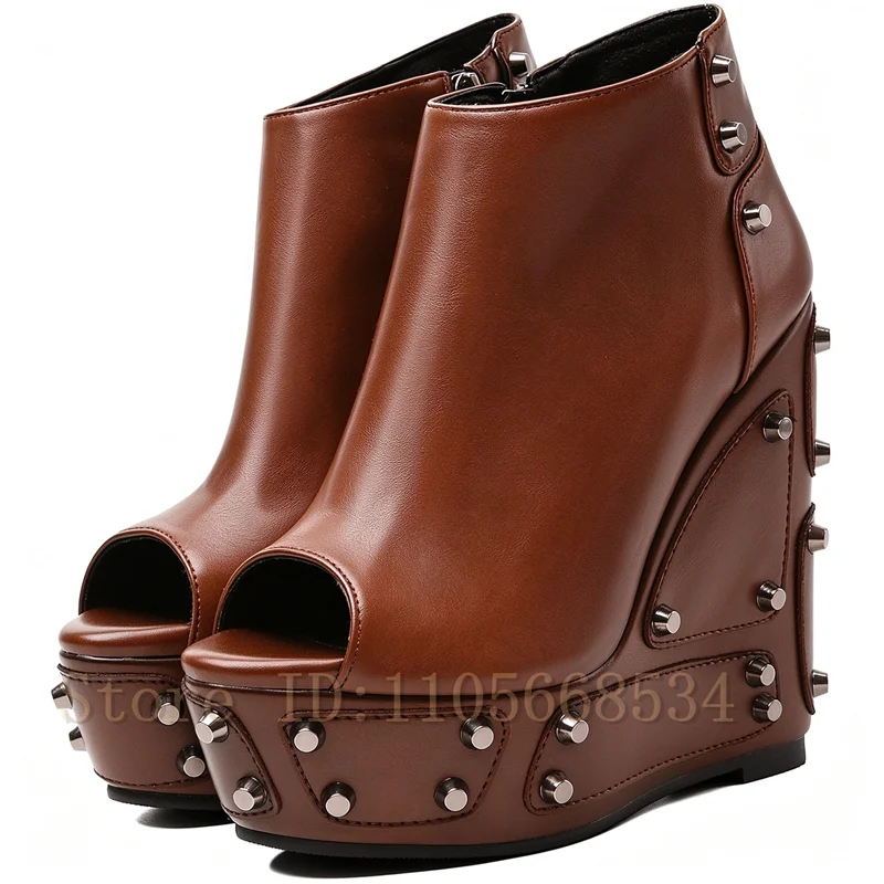 Women Peep Toe Wedge Ankle Boots Studded Rivet Platform High Wedge Heel Side Zipper Booties Punk Gothic Style Party Club Shoes