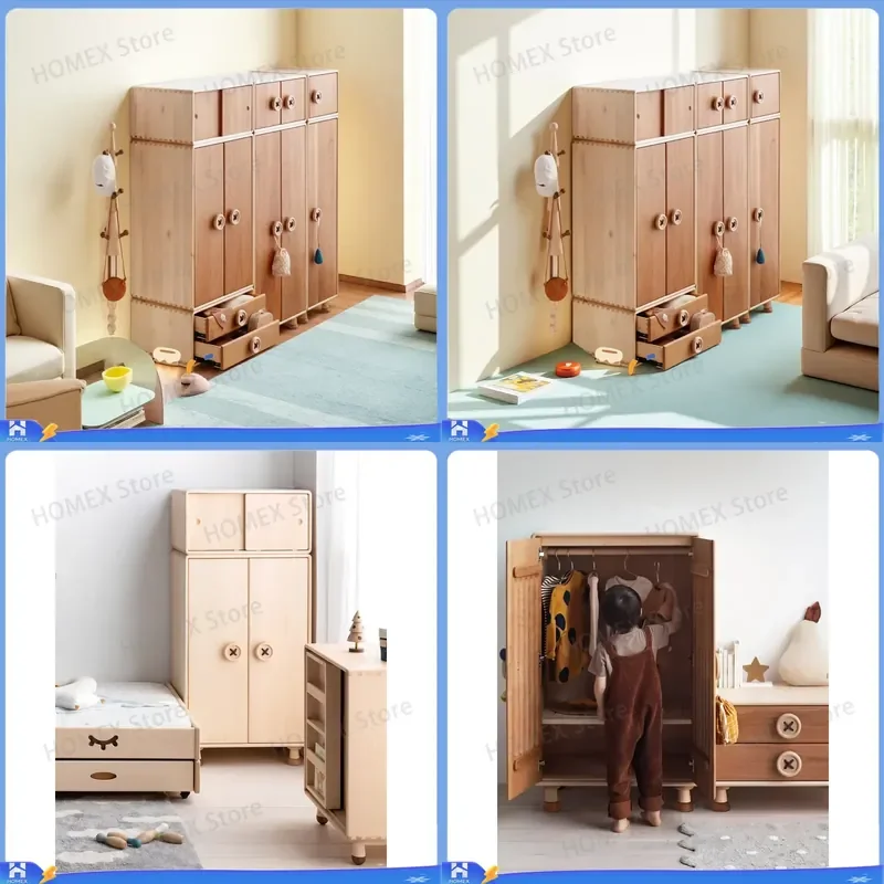 Nordic Solid Wood Kids Wardrobe Multi Grid Children Bedroom Storage Cabinet Simple Modern Nursery Clothes Organizer Furniture