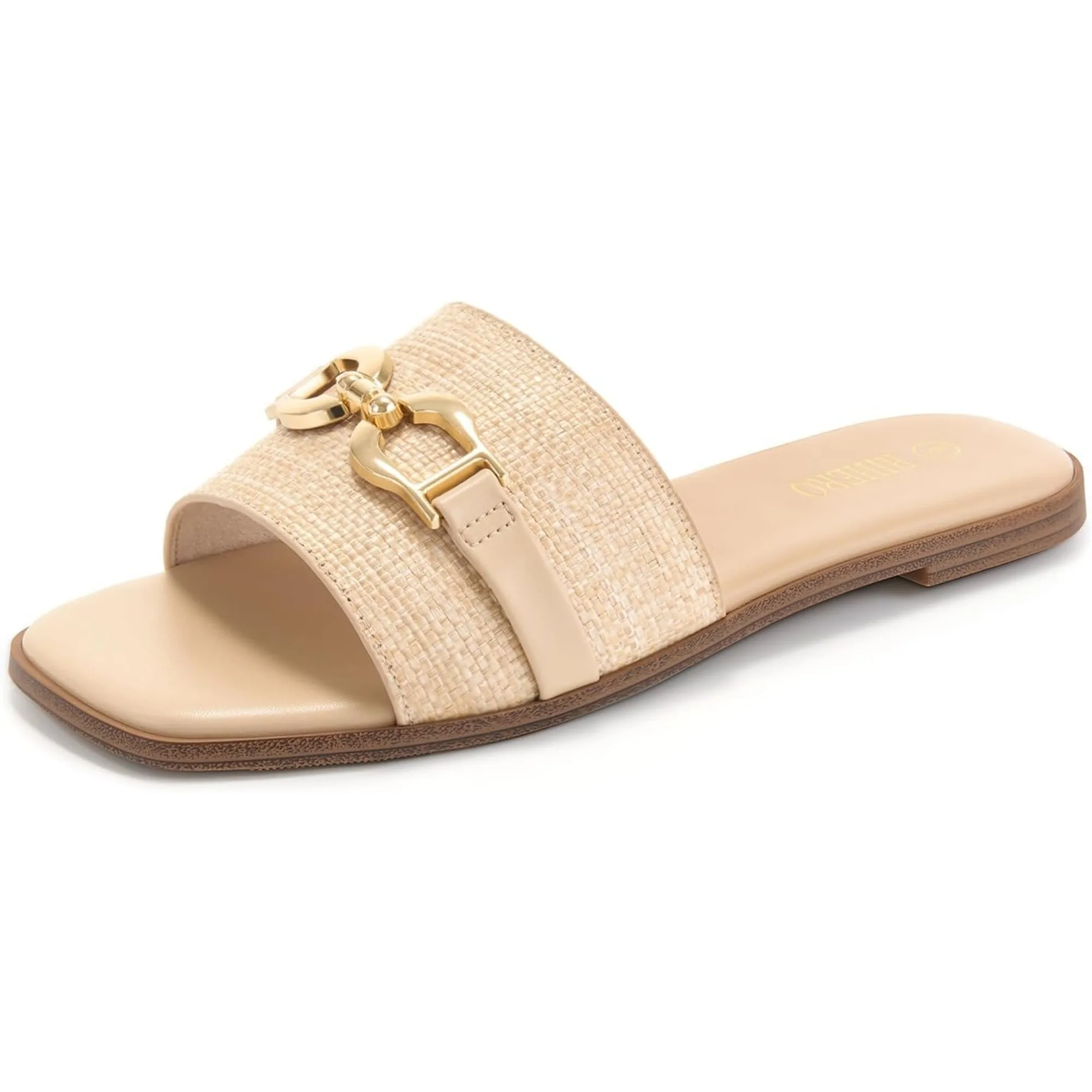 Women's Flat Sandals Summer Comfortable Square Open Toe Slip On Leather Slide Sandals