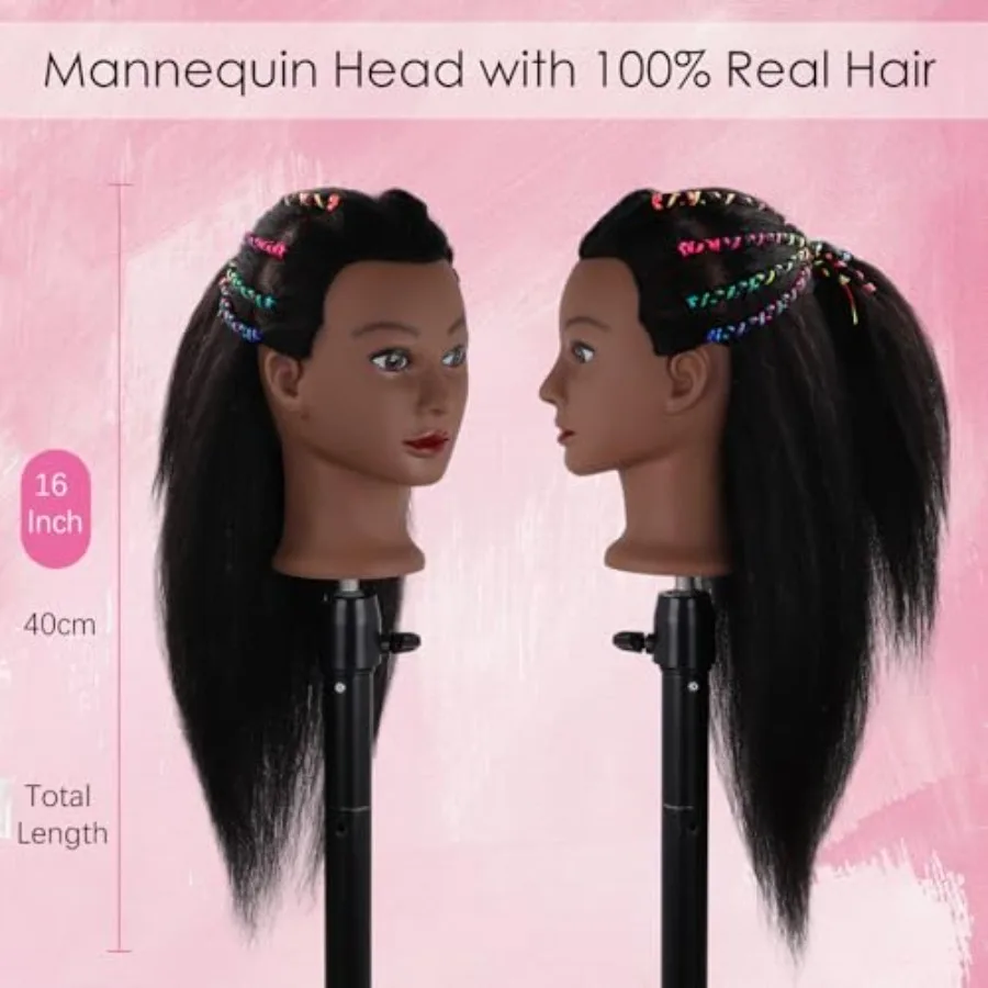 DiazySight رأس عارضة أزياء سوداء أفرو 100 شعر حقيقي 16 دمية رأس مستقيمة للفتيات لممارسة تصفيف الشعر ورأس Pr #3