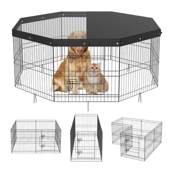 VEVOR Dog Playpen 8 Panels Foldable Metal Dog Exercise Pen Pet Fence with Bottom Pad Cover for Puppy Outdoor Camping Yard Kennel