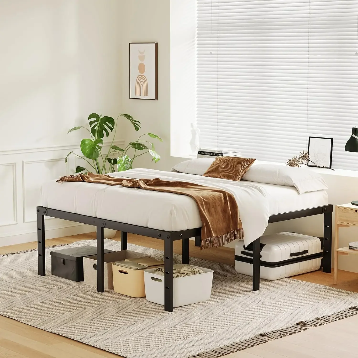 Bed Frame No Box Spring Needed, Heavy Duty Tall Metal Platform with Large Storage Space, Easy Assembly Strong Beari