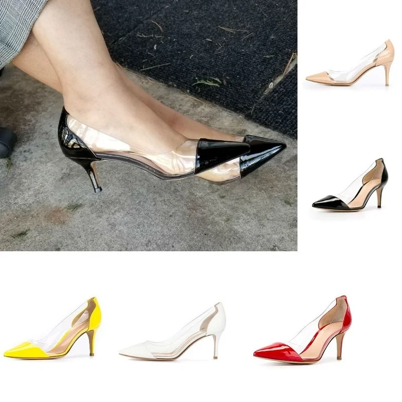 LOSLANDIFEN New Sexy Women Pumps 8 cm Pointed Toes Transparent Shallow Shoes PVC Kitten High Heels Professional Wedding Shoes