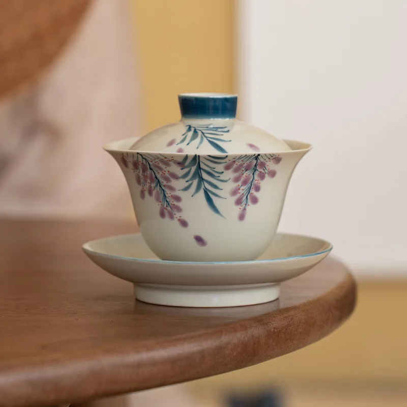 Wood Ash Hand-painted Blue And White Cover Bowl Household Ceramic Tea Bowl Literati Ware Wisteria Three To Cover Bowl