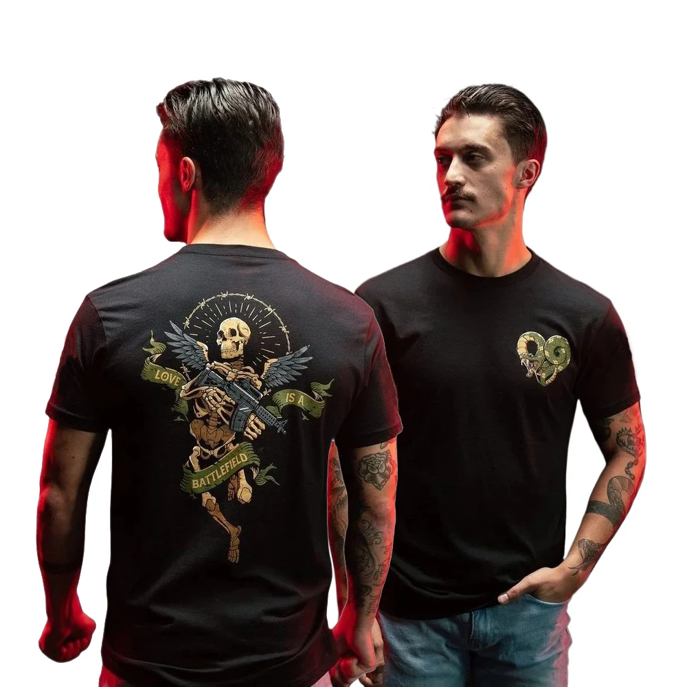 Love Is A Battlefield Skeleton Angel with Gun T-Shirt 100% Cotton O-Neck Short Sleeve Summer Casual Mens T-shirt Streetwear