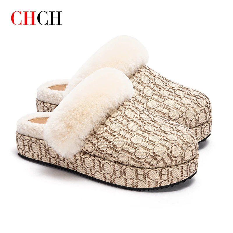 Chch Slippers Women's Flat Slippers Winter Wool Slippers Fashion Warm Slippers Letters Outdoor Home Golden Retriever Fluffy