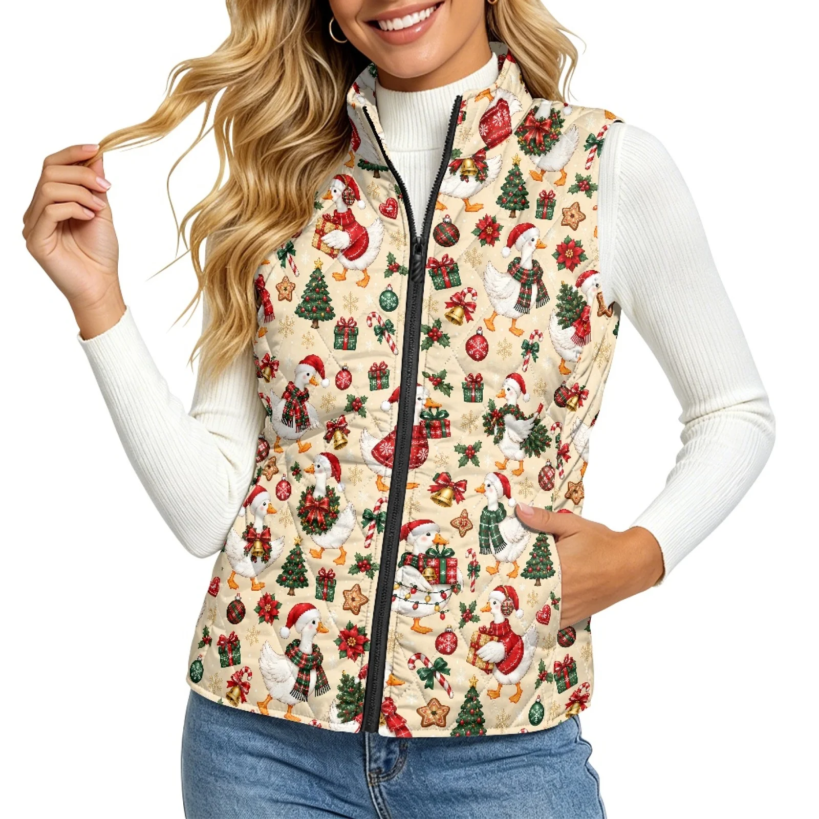 PENSTROLL Christmas Goose Print Women's Quilted Vest Lightweight Equestrian Vest Women Zip up Quilted Jacket Vest for Women