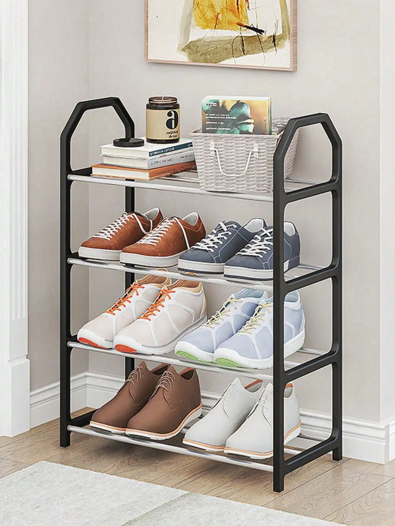 1pc Four Layer Simple Trapezoidal Shoe Rack Space Saving Bedroom Home Entrance Shoe Organizer Storage Rack Storage Shoe Cabinet