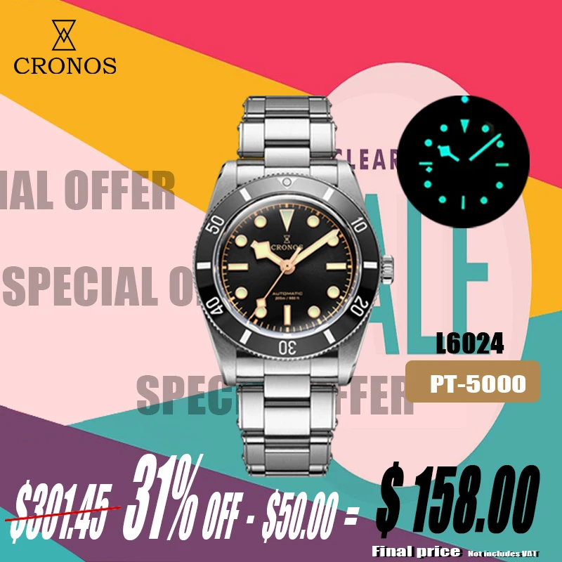 Cronos Luxury Men\'s Watches 37mm BB54 Diver Watch Vintage Automatic Matt/ Aluminum Bezel Female End Links Sapphire 20 Bar L6024