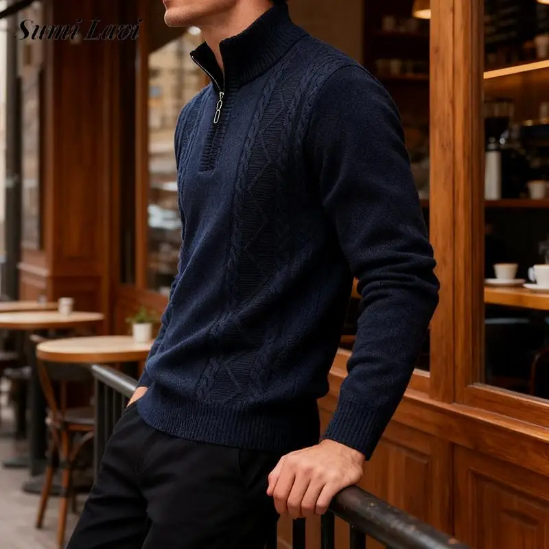 

Стильные мужские свитера с воротником-стойкой на молнии, осень-зима 2021, повседневные облегающие вязаные пуловеры, мужские винтажные текстурированные джемперы крючком