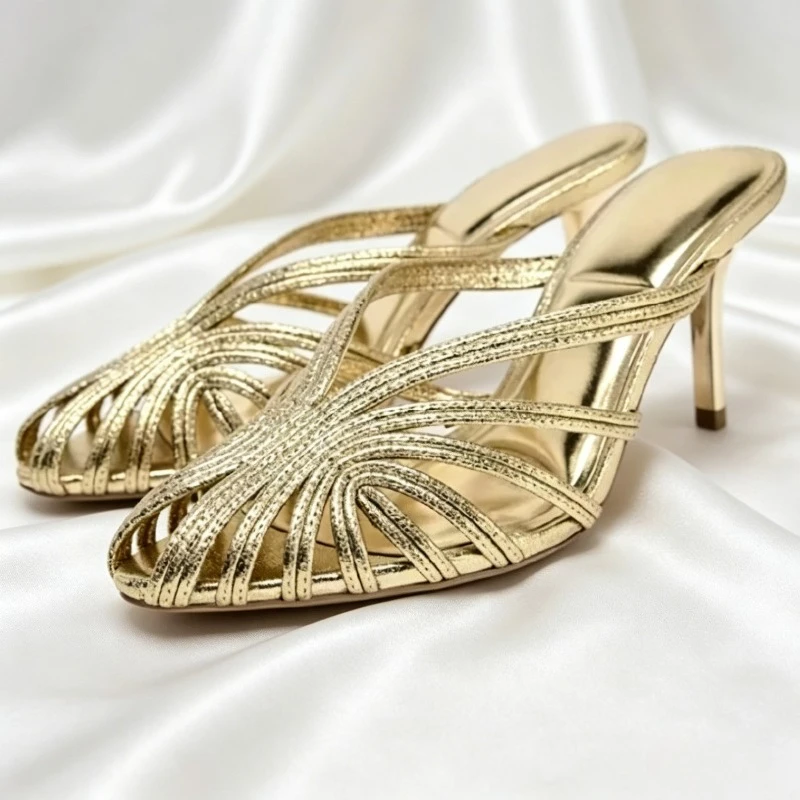 Gold Luxury Thin Heel Slippers Women Dress Shoes Summer New 2025 Hollow Beach Shoes Slides Designer Brand Sandals Ladies Pumps