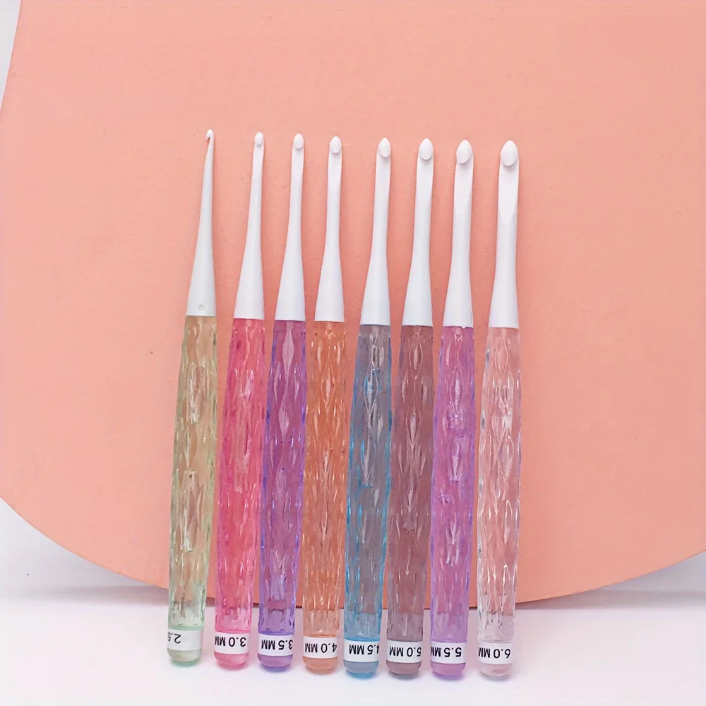 8pcs Colorful Transparent Plastic Crochet Hook Set 2.5-6mm Crystal Non-Slip Knitting Needles Kit DIY Crochet Tool for Beginners