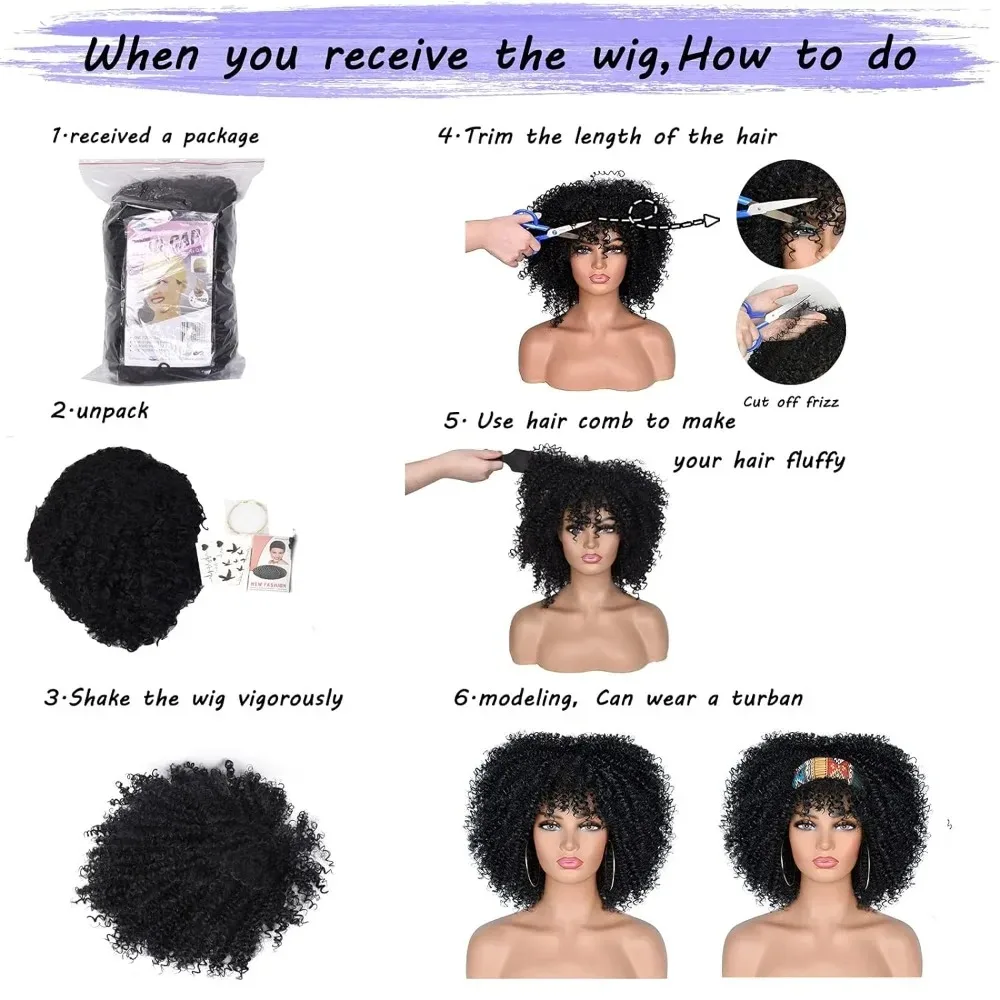 Afro Bomb Curly Wigs for Black Women Short Afro Kinky Curly Wig with Bangs 12inch Ombre Brown Full Curly Wig