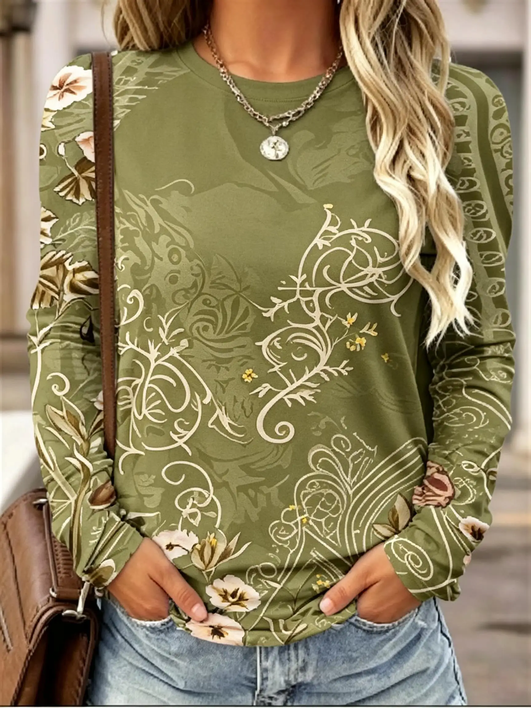 Women Long Sleeve T Shirt Vintage Floral Swirl Pattern Print Autumn Fashion Casual Holiday Party Top Women's Clothes
