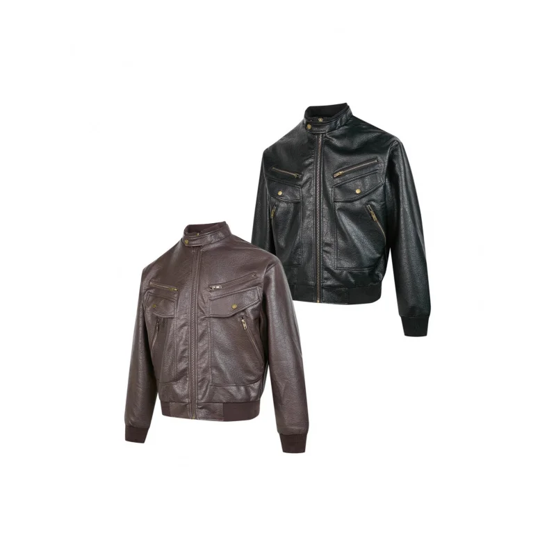 

EME Autumn Retro Lychee Leather Texture Small Stand Collar Commuter Casual Loose Harrington Jacket for Men and Women