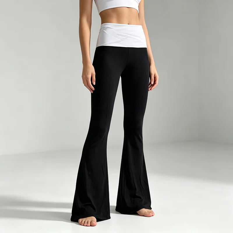 Women's High Waist Yoga Pants Fold-Over Waistband White Bell-Bottom Casual Stretch Fitness Trousers