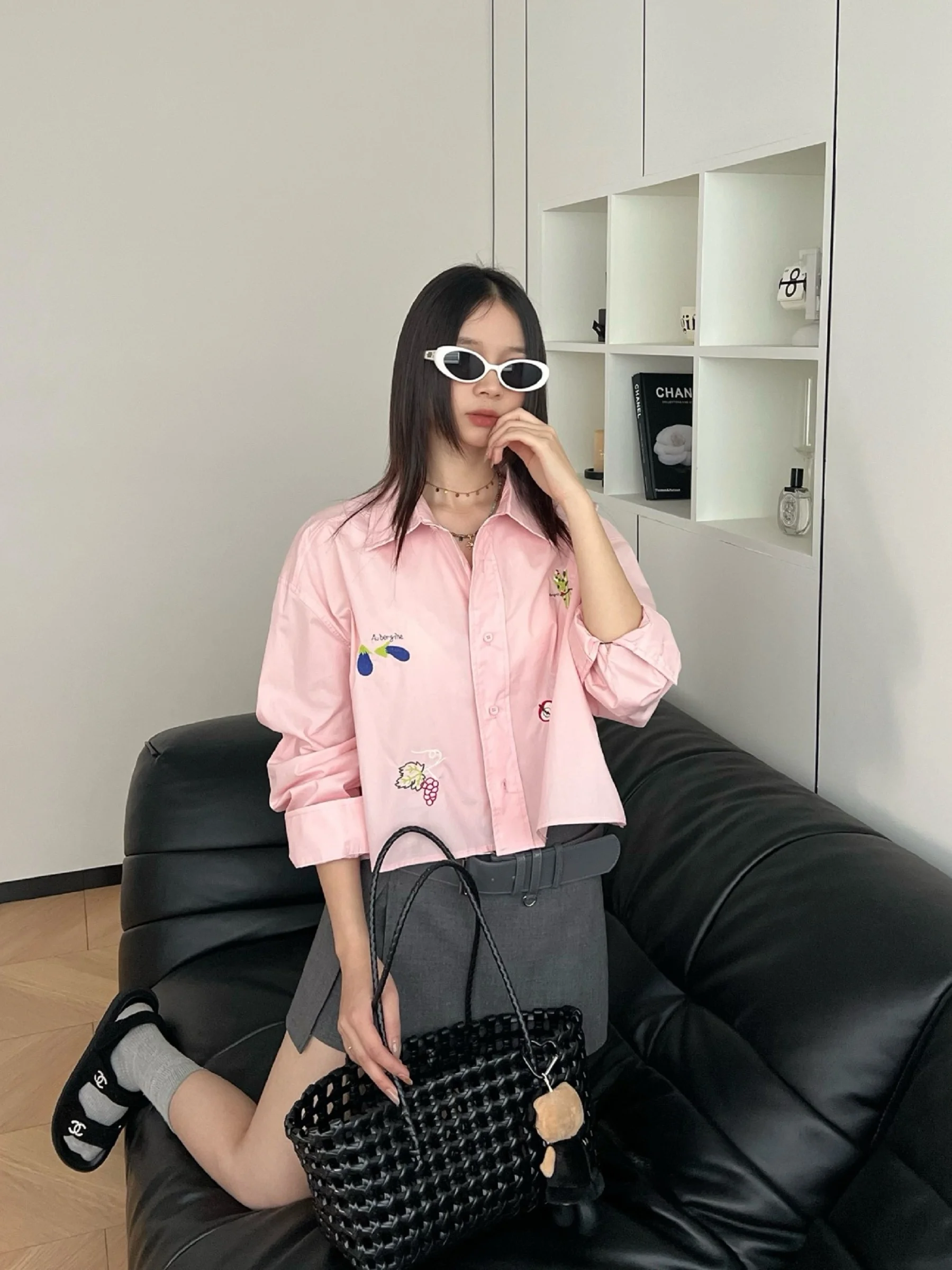 

Spring Long Sleeve Women's Shirt Korean Style Short Fun Printed Embroidered Fruit Design Turn-down Collar Casual Top