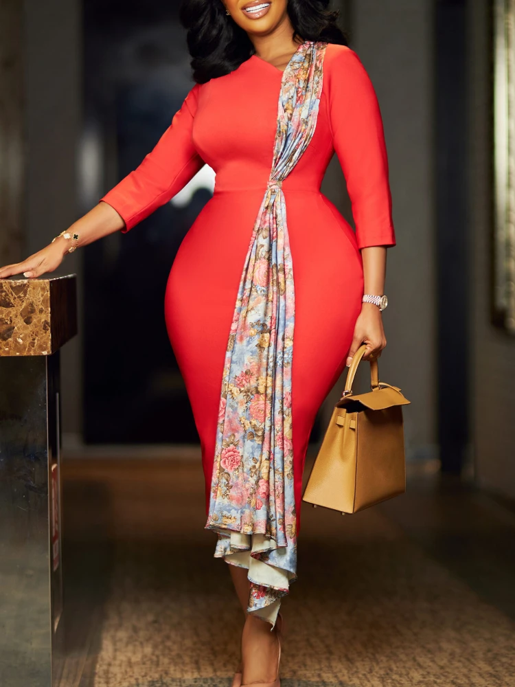 2024 Women\'s Dress Autumn Long Sleeve Printed Splicing OL Office Commuter Work Clothes Cocktail Party Slimming Evening Dresses