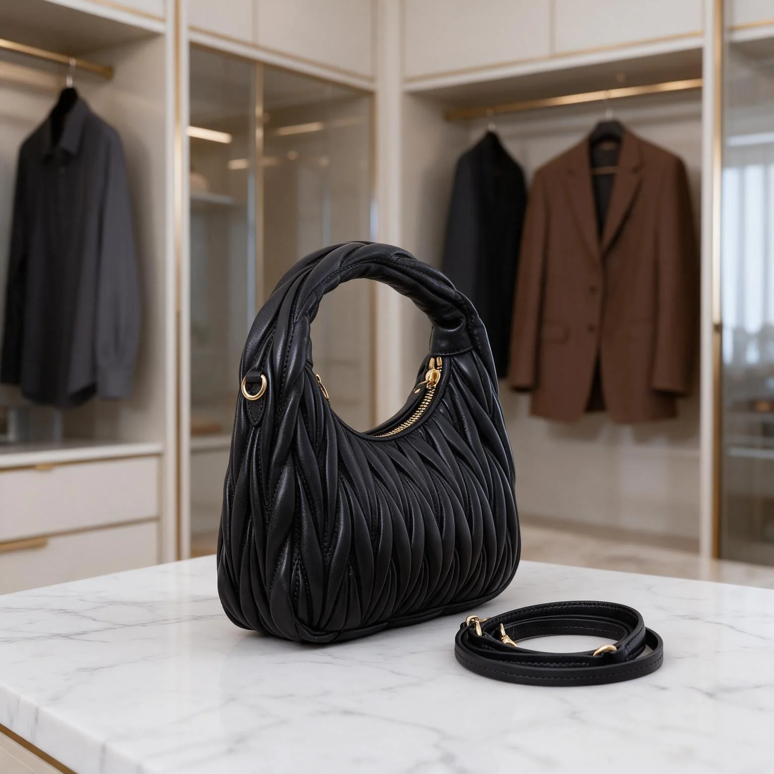 Women Ruched Mini Hobo Bag Fashion Round Handle PU Leather Handbag Detachable Crossbody Strap