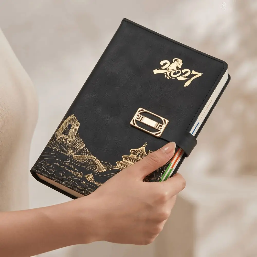 Thickened Paper 2027 Year Planner Faux Leather Ribbon Bookmark A5 Business Notebook Premium Quality Dated Layout