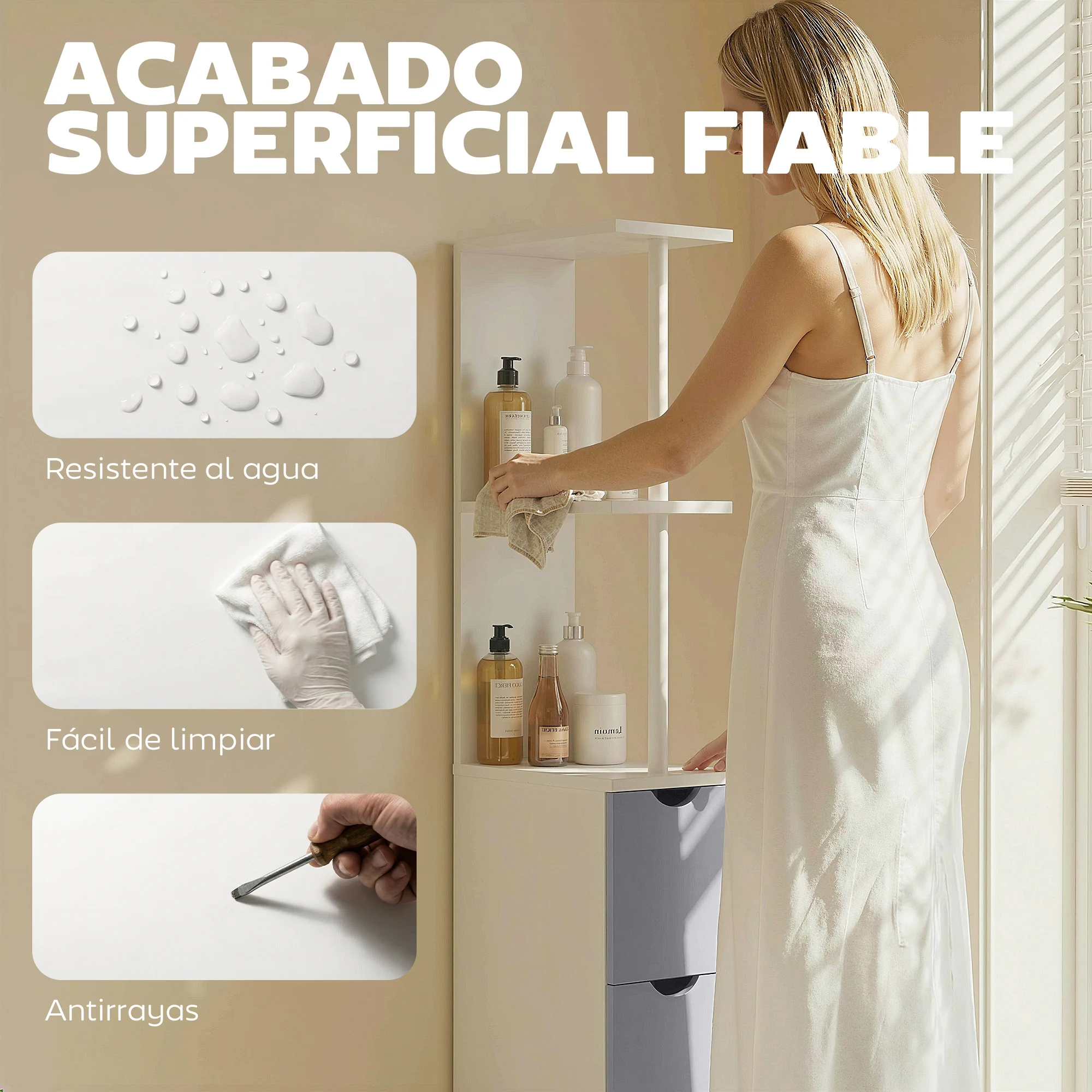 Mueble Auxiliar de Baño Moderno con 2 Estantes, 2 Cajones y 1 Puerta Antivuelco, 15x33x136,8 cm, Blanco