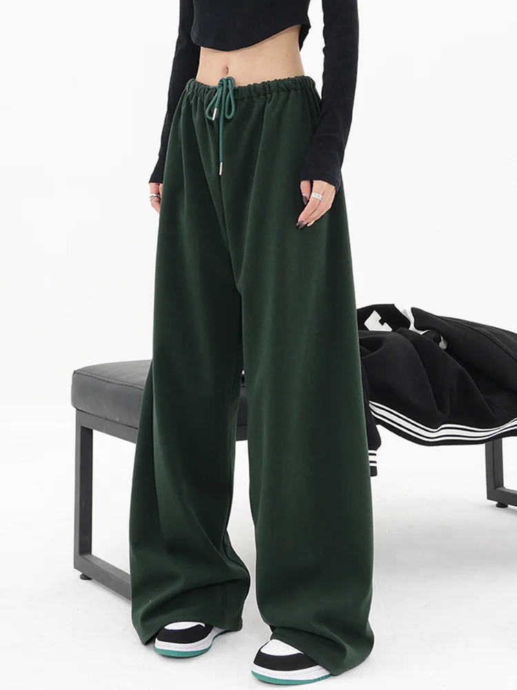 High Elastic Waist Green Drawstring Thick Wide Leg Pants New Loose Fit Trousers Women Fashion Autumn Winter 2022