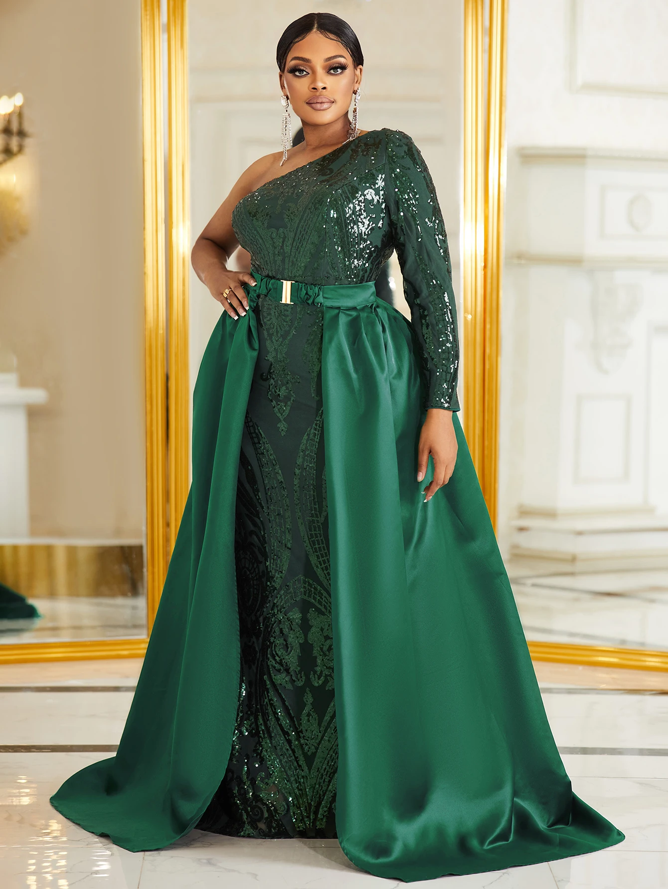 Plus One Shoulder Contrast Sequins Belted Prom Dress