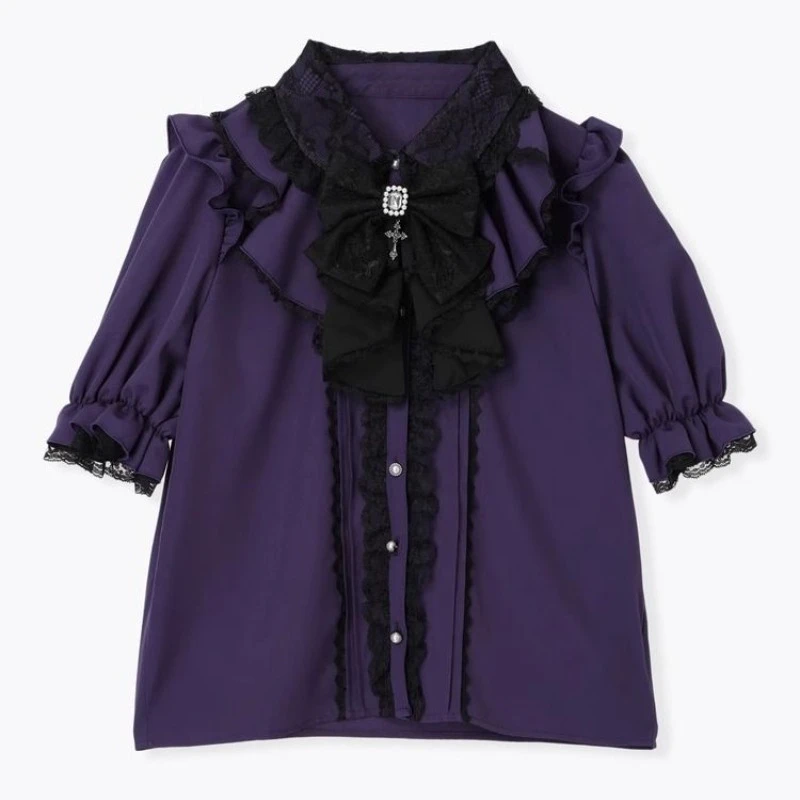 Japanese Lolita Blouse Women Purple Short Sleeve Ruffle Lace Bow Y2K Women Casual Top Retro Victorian Subculture 2026 Summer