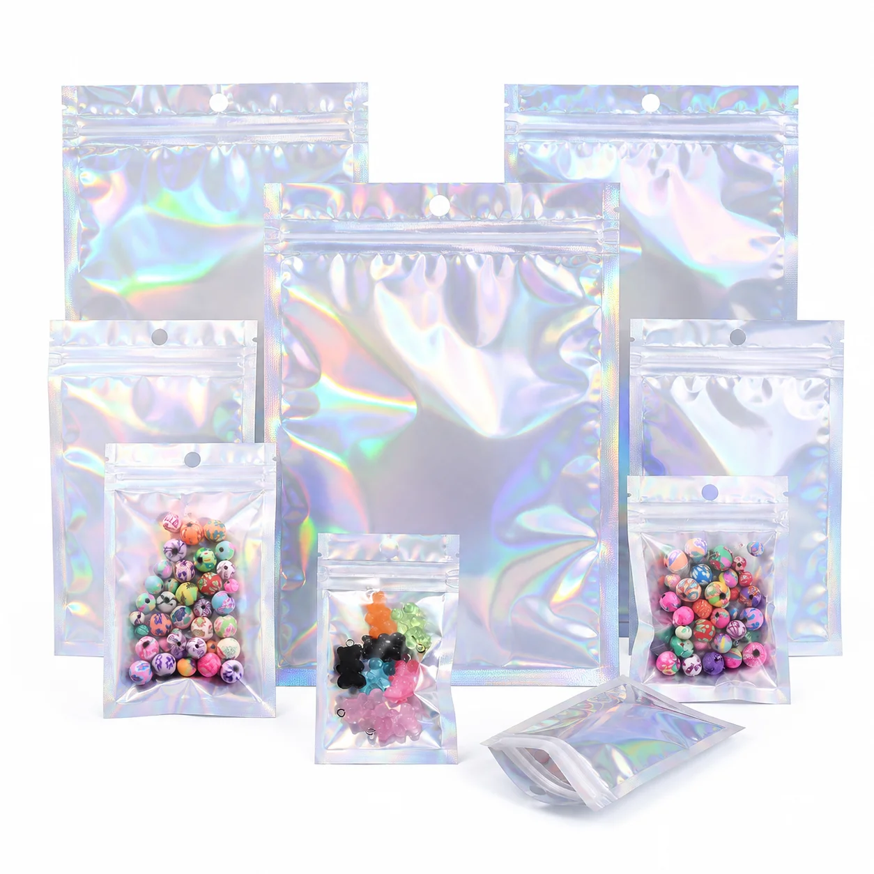 100 Stück Laser-Regenbogen-Polyethylen-Selbstverschlussbeutel, transparente Laser-Verpackungsbeutel für Schmuckzubehör und Einzelhandelsdisplays – Detail 2