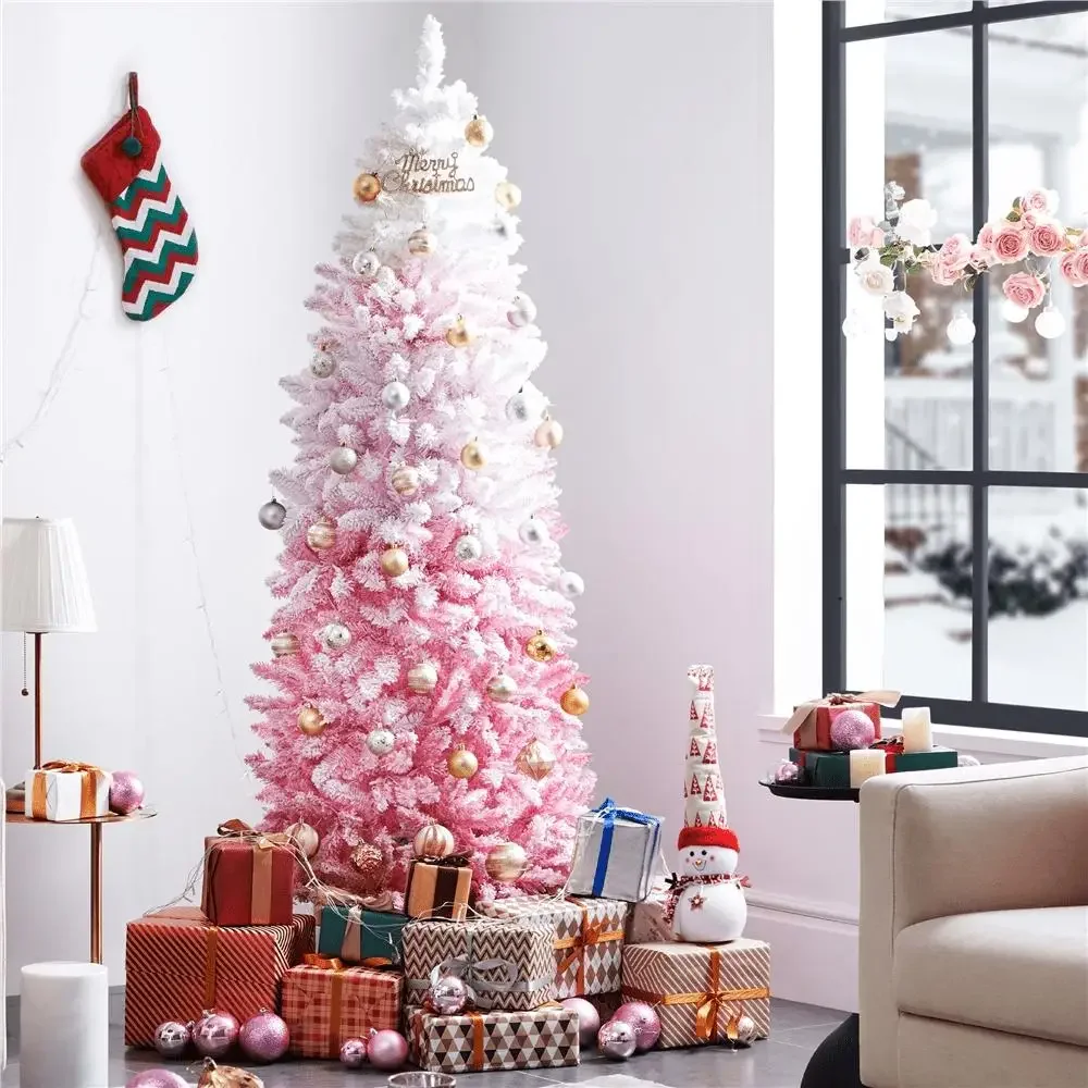 

6 Ft Artificial Christmas Tree with Pink Gradient Pre-lit Snow-tipped Branches Space-saving Pencil Tree with Warm Lights Easy